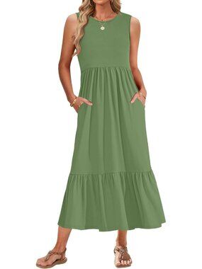 Women's Green Summer Sleeveless Empire Waist Crewneck Maxi Dresses with Pockets